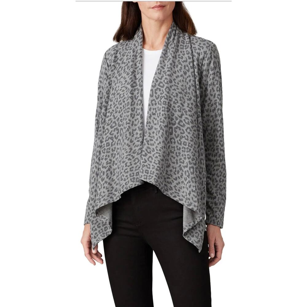 Bobeau Gray Leopard Amie French Terry Draped Cardigan S